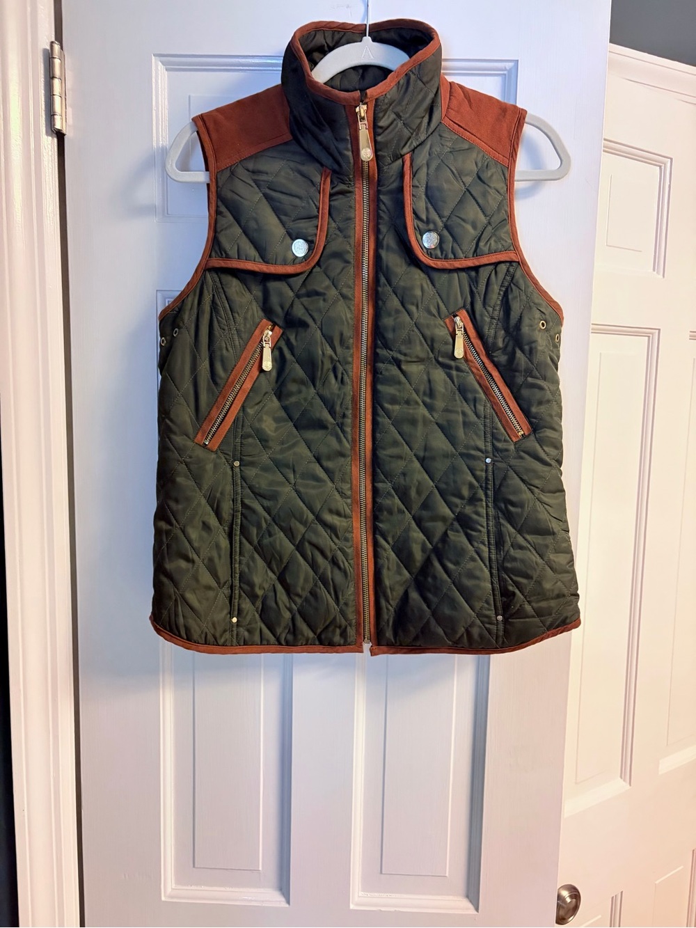 Vince Camuto Olive Green Quilted Vest with Brown Suede Trim
